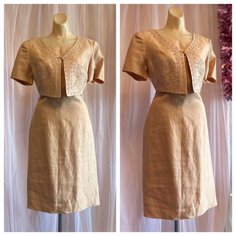 Vintage 90s Linen Mini Dress Peachy Khaki tan Embroidered Minimalist Boho S